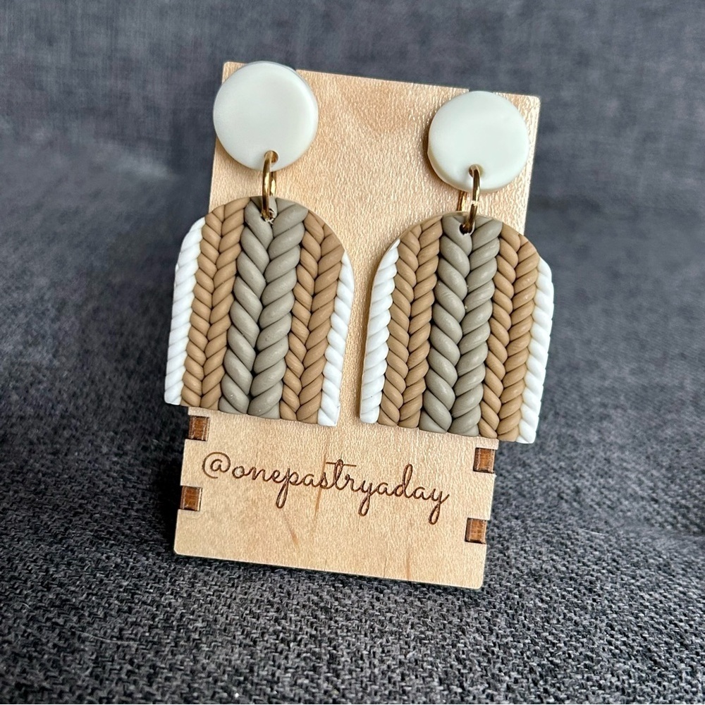 Fun, Cable Knit Sweater Pattern Clay Drop Dangle Earrings, White, Tan - Picture 14 of 16